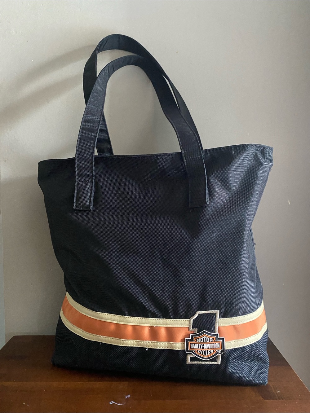 Harley-Davidson Black Tote with Orange and Cream Stripe and Logo Patch